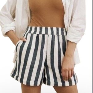 PACT Mariner Stripe Rhea Tabbed Shorts Womens M Organic Cotton Linen Pull On